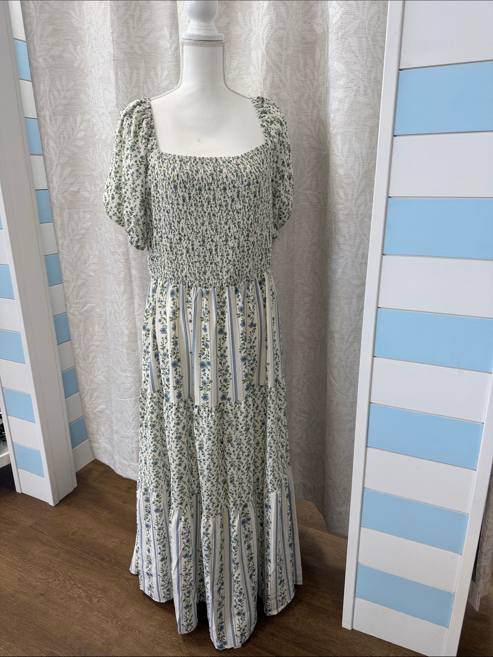 Smocked Square-Neck Floral Maxi Dress in Sage Green